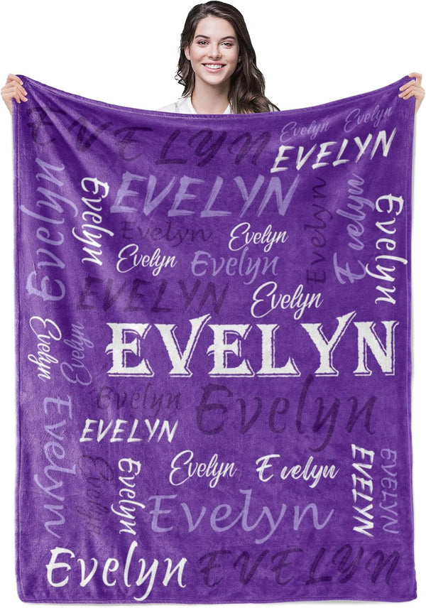 Personalized Custom Purple Theme Light Soft Flannel Fleece Throw Blanket with Name