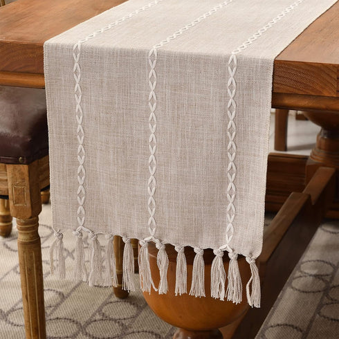 Wracra Rustic Linen Table Runner, 72 inches Long Embroidered Fall Table Runner with Hand-Tassels, Light Coffee, 13"×72"