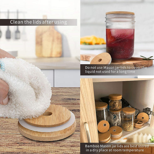 Mason Jar Lids with Straw - Reusable Bamboo Wide Mouth Tumbler Tops, 2 Packs with 2 Stainless Steel Straws