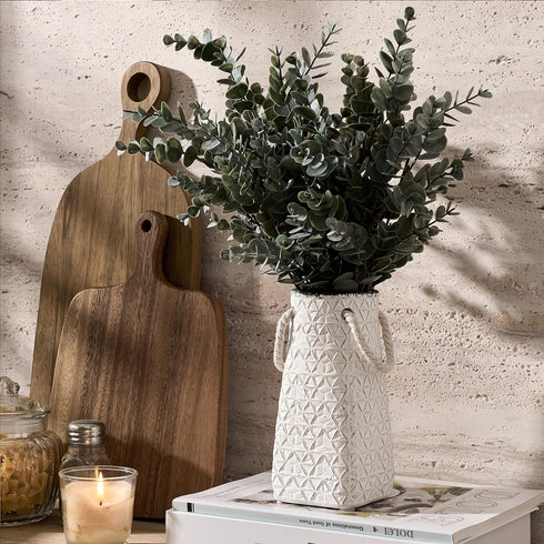 7 inch Vaseking Elegant White Petite Vase, Ceramic Modern Minimalism Geometric Texture Purse Vase with Hanging Rope
