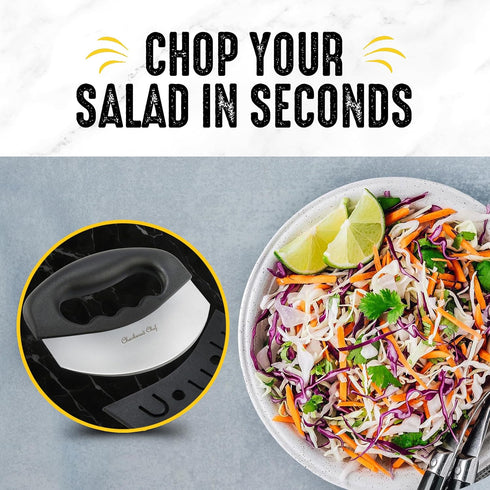 Checkered Chef Salad Chopper Tool with Cover - Mezzaluna Knife Stainless Steel Vegetable Rocker