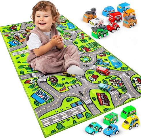 Amy & Delle Kids Rug Carpet Playmat, w/14 Pull Back Cars Included - City Life
