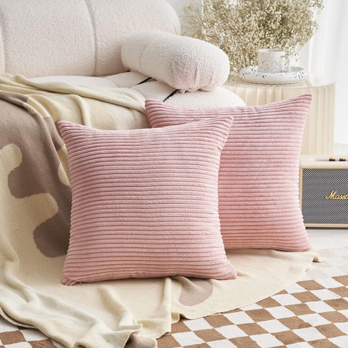 Demetex 18x18 Pink Striped Corduroy Pillow Covers, Decorative Square Throw Pillowcases, Set of 2, Light Pink