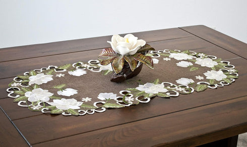 Beautiful White Magnolia Floral Design Table Runner with Green Leaves, Embroidered Cutwork Edges