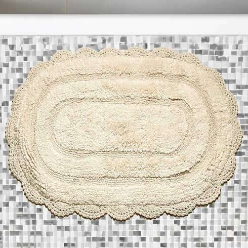 Chardin Home Ivory Crochet Bathrug, 100% Cotton Oval Bathmat with Handcrafted Crochet Border, 21x34 Inch