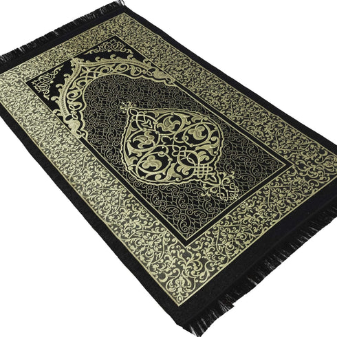 Modefa Islamic Prayer Rug Thin Woven Chenille and Taffeta Turkish Sajadah Intricate Design Metallic Ottoman Mat (Black