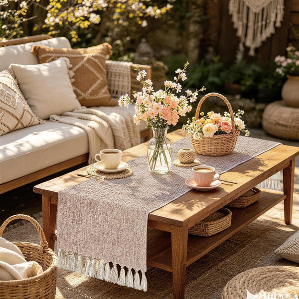 yuboo Boho Table Runner 48 Inches - Neutral Coffee Table Runner for