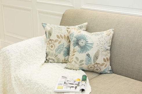 Pack of 2 Decorative Throw Pillow Cases Cushion Cover for Sofa Couch Bed, Sunflower Pattern, 20x20 Inches, Blue Cream