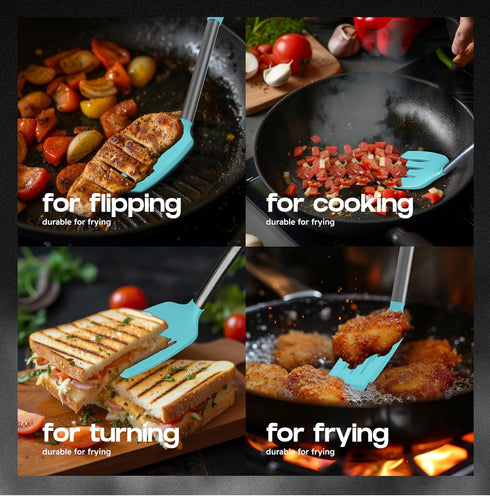 Silicone Spatula Set, Turner Spatulas Heat Resistant 600°F, Slotted & Solid for Cooking Fish, Eggs, Pancakes - Aqua