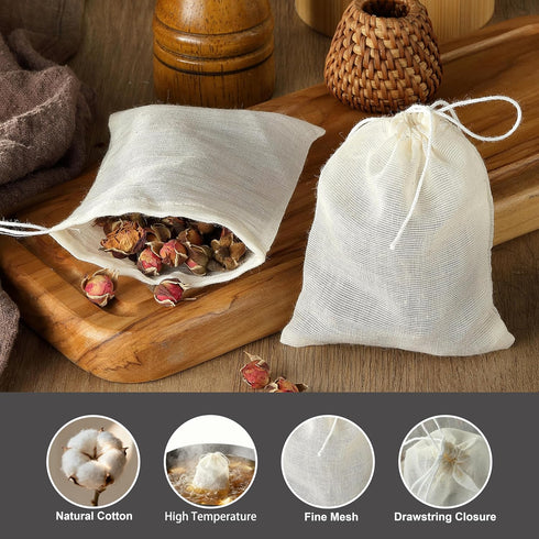 DAJLFA 20 (4 3 Inches) PCS Reusable Tea Bags, Empty Muslin Sachet Bags with Drawstring, Spice Bags for Cooking, Loose