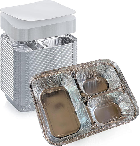 Disposable Aluminum Foil Tray with Paper Board Lids, Pack of 20 Sets, 3 Compartment Foil Pan