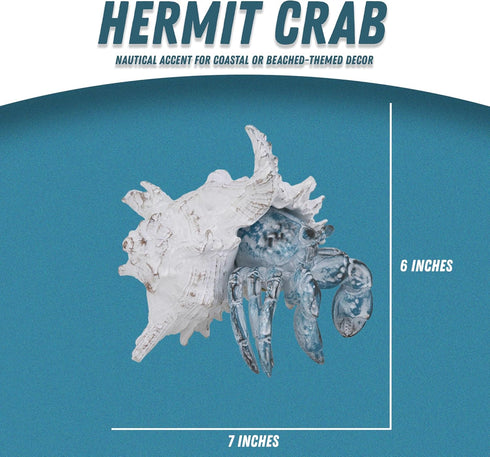 Coastal Hermit Crab Decor Blue Nautical Beach Figurine with Shell for Shelf, Bathroom, Living Room, or Beach House