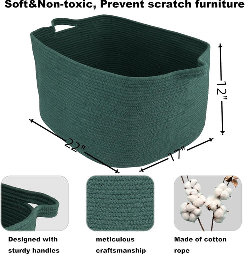 Large Rectangle Blankets Basket, 22"x17"x12" Woven Cotton Rope Storage Basket for Nursery Toy Basket, Dark Green