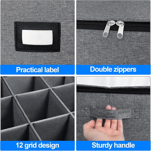 Stemware Storage Cases, Quilted Glassware Storage with Dividers for 12 Red Wine Glasses, Stackable Dark Gray