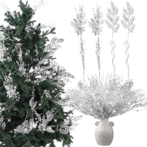 Thiccywoov 40 Pack Sliver Christmas Picks and Sprays for Tree 17.5'' Artificial Glitter