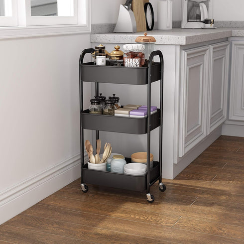 3-Tier Rolling Utility Cart - Black with Caster Wheels