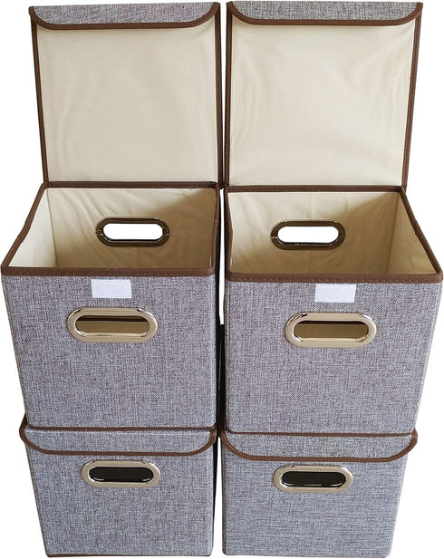 Storage Bin Set of 4, Linen Fabric Foldable Containers with Lid, Collapsible Organizer Boxes