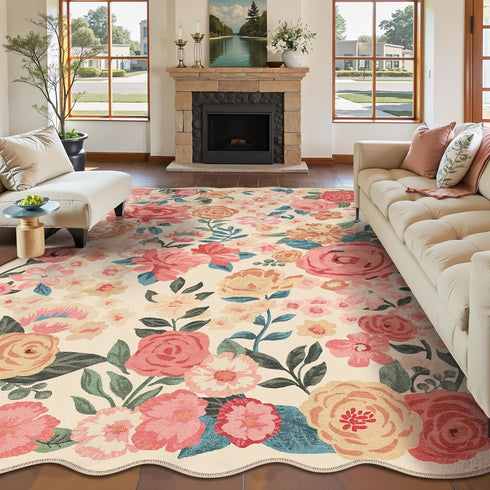 PureCozy 5x7 Washable Floral Area Rug Beige Living Room Carpet Scalloped Flower Non Slip Soft Bedroom Rug Farmhouse Low