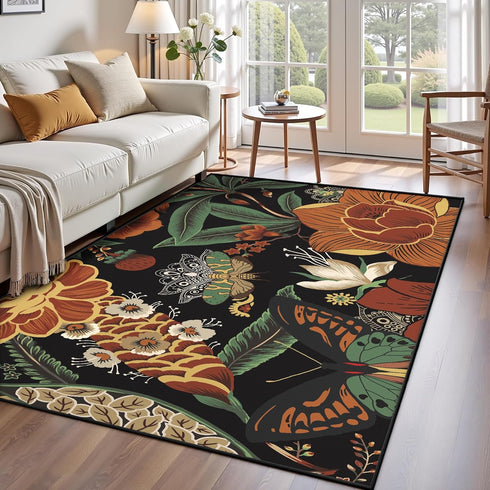 Tyrot Vintage Black Boho Floral 3x5 Washable Area Rug Linen-Look Ultra-Thin Low