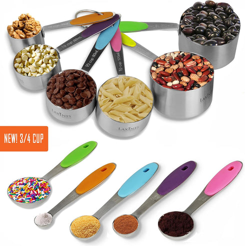 New Version! 11 Piece Measuring Cups and Spoons Set by Laxinis World - Stainless Steel with Silicone Handles