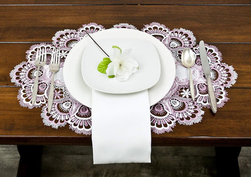 White Mauve Rose Jacquard Lace Doily, Placemats, Dresser Scarf, Table Runner Set of 2 (14Wx21L)