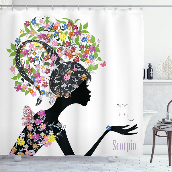 Ambesonne Scorpio Shower Curtain, Fashion Girl Silhouette with Colorful Floral Dress, Cloth Bathroom Decor Set with