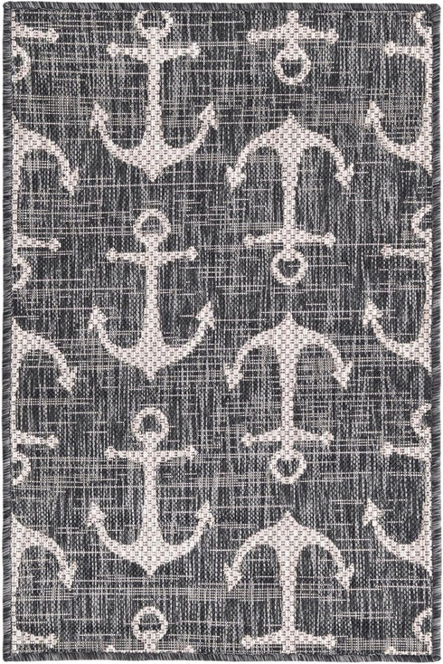 Unique Loom Outdoor Coastal Collection Area Rug - Ahoy (2' 2" x 3' 1" Rectangle, Charcoal/ Ivory) by Unique Loom