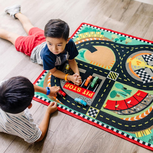 Race Track Play Rug with Wooden Cars for Kids
