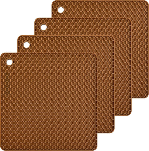 Smithcraft Silicone Trivets, 4 Pack Square Pot Holder Mat, Heat Resistant Tablemat, Brown, 7.5x7.5 Inch