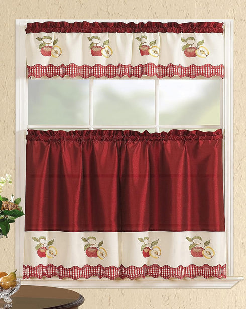 All American Collection Modern Contemporary 3pc Kitchen Window Treatment Curtain Set, Red Apples