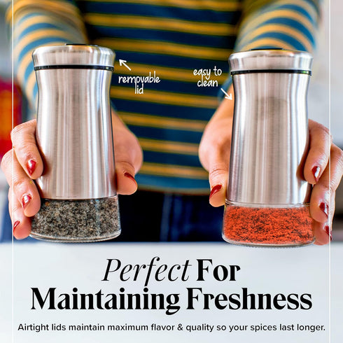 Willow & Everett Salt and Pepper Shaker Set - Stainless Steel & Glass with Adjustable Pour Dial for Spices