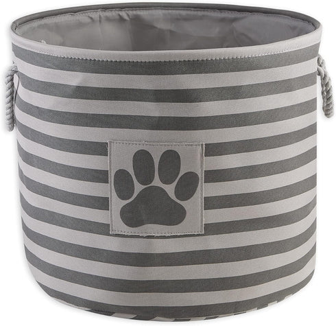 Bone Dry Pet Storage Collection Large Round Bin with Striped Paw Patch, Gray