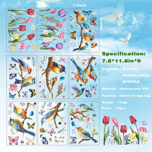 Spring Window Cling Sticker, 78PCS Tulip Butterfly Flower Decals, Prevent Bird Strikes, Home Decor