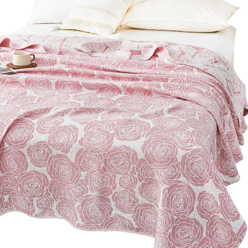 MEJU Modern Big Flower Rose Pink Muslin All Season Blanket for Bed Sofa