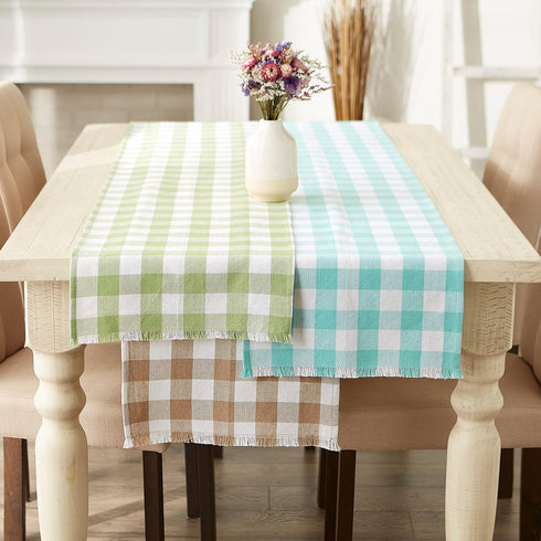DII - Heavyweight Fringed Check Table Runner, 14x72, Stone Brown