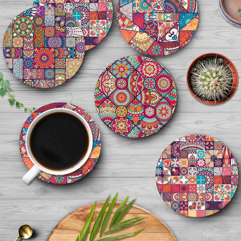 Set 6, Britimes Coaster for Drinks of Vintage Ottoman Flower Mexican Mandala Table Absorbent Round Ceramic Stone Mat