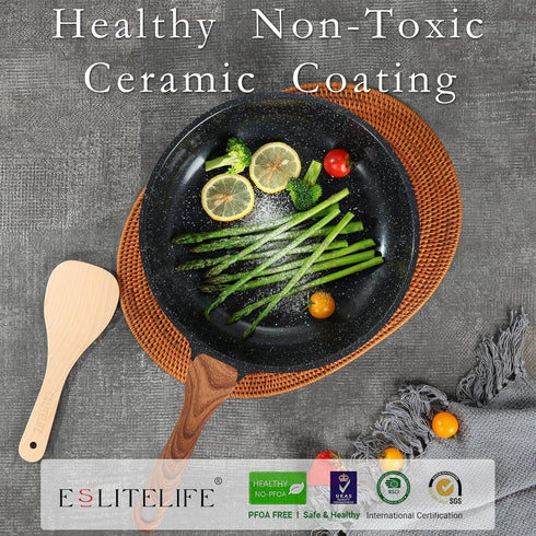 ESLITE LIFE Nonstick Ceramic Frying Pan Skillet, 8'' (Black), Non-Toxic, Compatible with All Stovetops, PTFE & PFOA Free