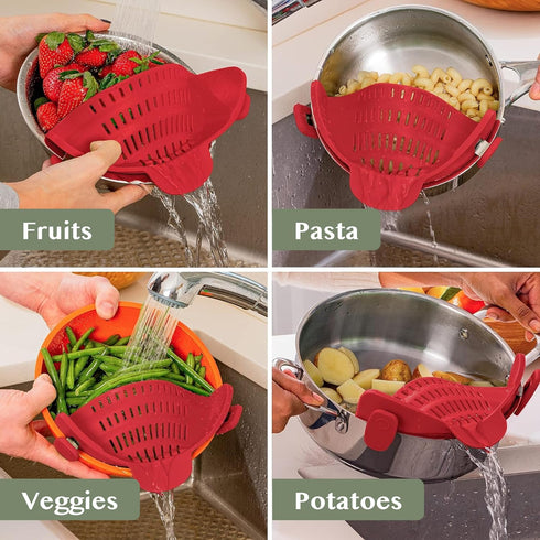 Kitchen Gizmo Snap N Strain Silicone Pot Strainer, Adjustable Clip-On Pasta Strainer for Pots, Pans, Large Red Colander