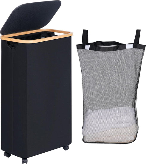 Slim Rolling Laundry Basket with Lid and Removable Bag, 75L Narrow Dirty Clothes Basket with Wheels (Black)