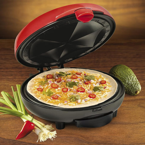 Taco Tuesday Deluxe Electric Quesadilla Maker, 8-Inch 6-Wedge Design with Extra Stuffing Latch, Red