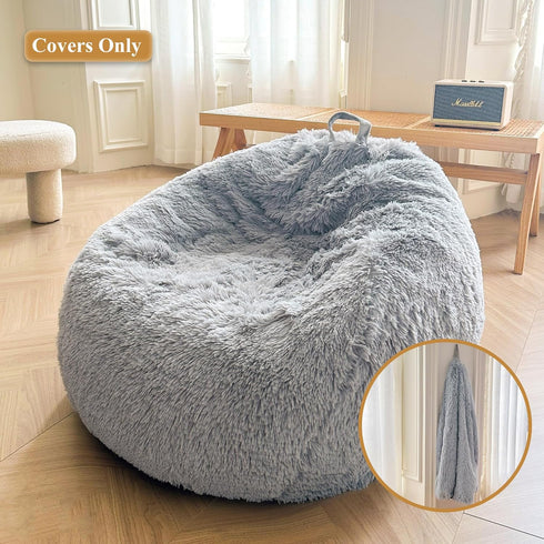 XeGe Fluffy Stuffed Animal Storage Bean Bag Cover (No Filler), Faux Fur Washable Ultra Soft Cover for Plush Toys, Light