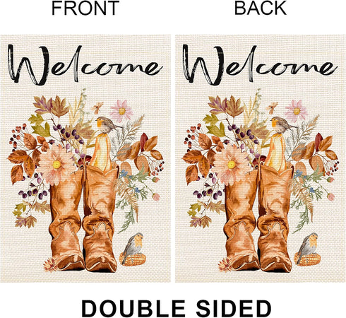 Welcome Boots Garden Flag, Vertical Double Sided Flower Bird Autumn Fall Decor 12.5 x 18 Inches