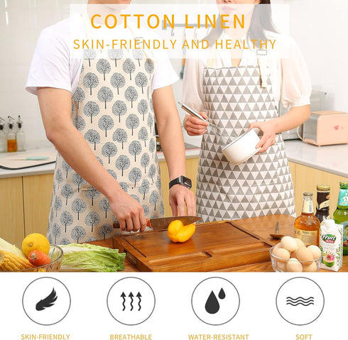 Tosewever 2 Pieces Cotton Linen Waterproof Bib Apron, Unisex Cooking Kitchen Aprons with 2 Pockets (Triangle/Tree, 2)