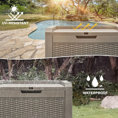 32 Package DWVO Gallon Resin Storage Box, Indoor Outdoor Deck Box for Delivery, Patio Cushions, Gardening Tools