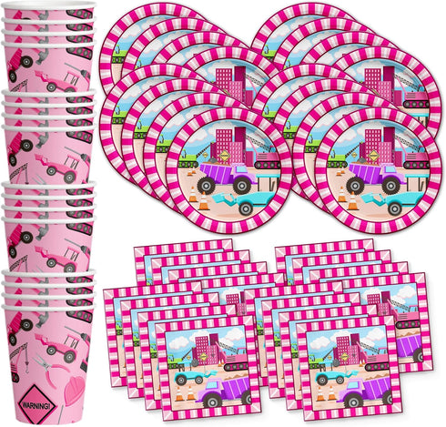 Girl Pink Construction Trucks Birthday Party Supplies Set Plates Napkins Cups Tableware