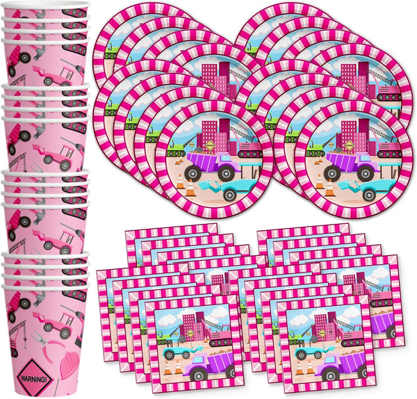 Girl Pink Construction Trucks Birthday Party Supplies Set Plates Napkins Cups Tableware