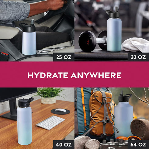 FineDine 25 Oz Triple Walled Insulated Water Bottles with Straw - Stainless Steel Metal Bottle with 3 Leak Proof Lids -