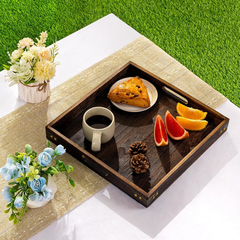 Handles,13"*13"Wood Yangbaga Serving Tray with Decorative Tray for Living Room,Modern Coffee Table Tray,Square Large