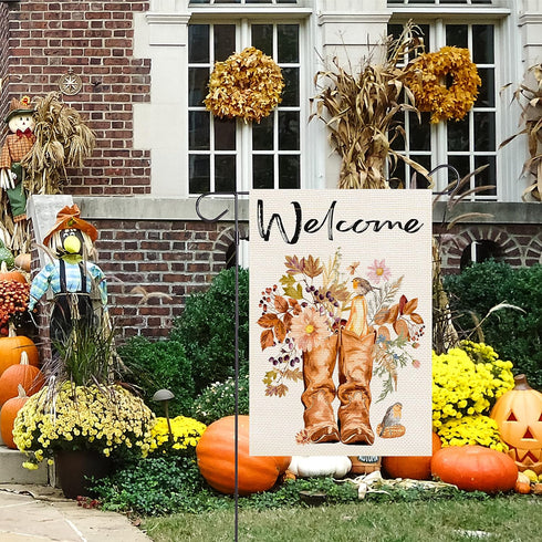 Welcome Boots Garden Flag, Vertical Double Sided Flower Bird Autumn Fall Decor 12.5 x 18 Inches