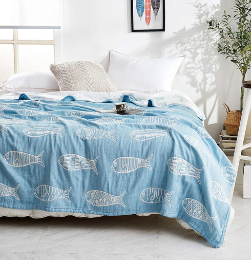 MEJU Summer 100% 3 60 80 Fish Blue Muslin Lightweight Blanket for Bed Sofa Couch Combed Cotton Layer Soft Warm Quick